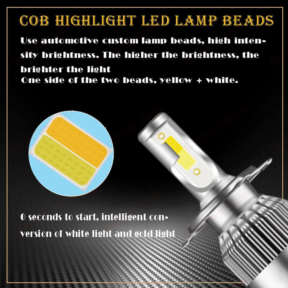 55W H4 Dual Color Car LED Headlight Bulbs Kit 6000K White + 3000K Yellow Lamps - Image 3 of 4