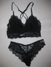 Shein lined lace padless bralette & sheer cheeky panties set S M L black nip