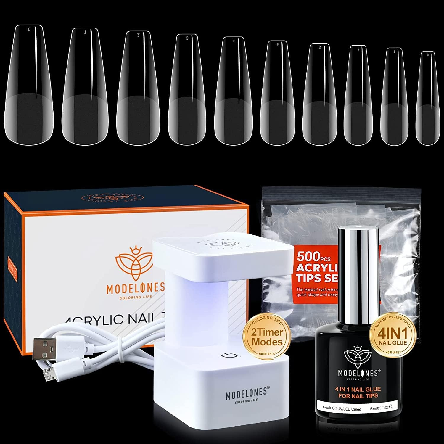 Nail Tips and Glue Gel Kit, Gel X Nail Kit 15ML 4 in 1 Nail Glue Gel with 500Pcs