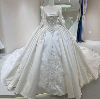 Satin Wedding Dresses Long Sleeve Beaded Lace Applique Sweep Train Bridal  Gown | eBay