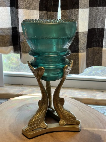 Vtg Dolphin Brass Display Stand with Vtg Hemingway Insulator And Greenery Unique