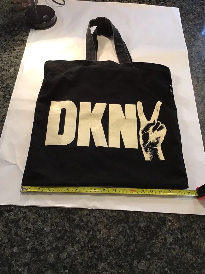 VINTAGE DKNY Black Hand Peace Sign Canvas Tote Bag Donna Karan NEW YORK 18” MINT - Image 2 of 4