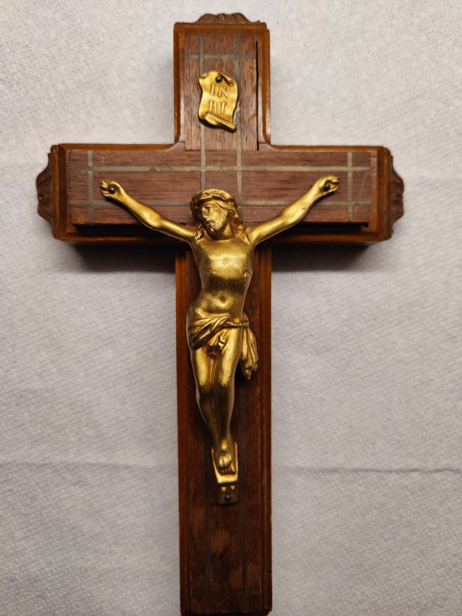 木製十字架 INRI付き Vintage Wood Cross Crucifix INRI Brass Color Jesus Christ Wall