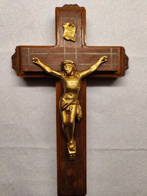 Vintage Wood Cross Crucifix INRI Brass Color Jesus Christ Wall
