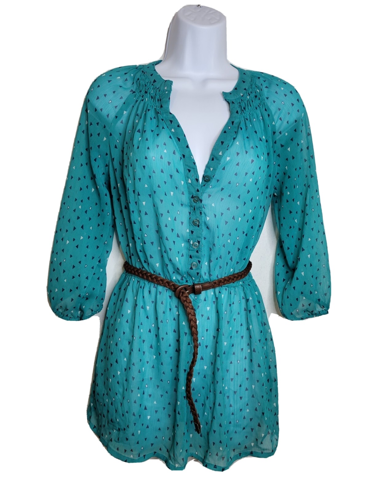 MOSSIMO Women's Belted Sheer blue Blouse Tunic Top 3/4 Sleeves/size