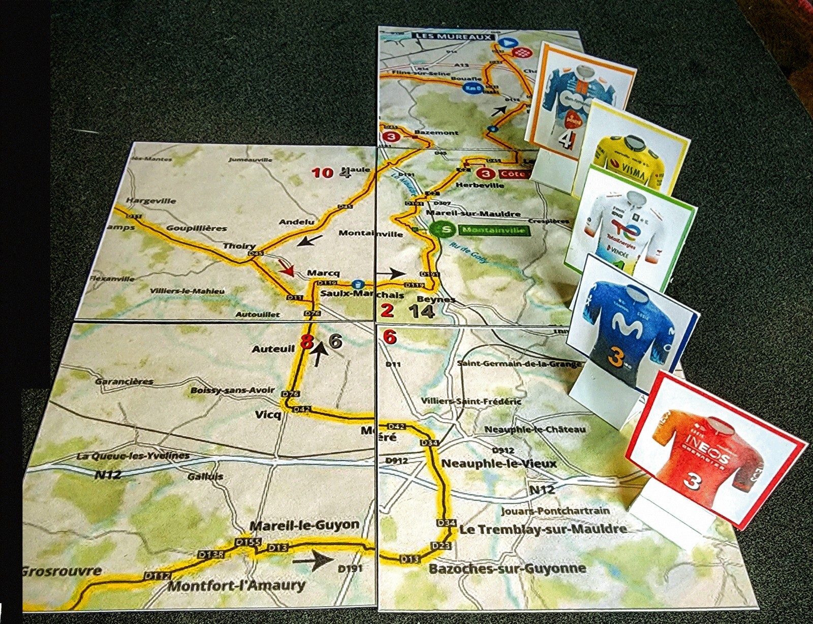 Bicycle racing board game, re-create real-world races, customizable board.