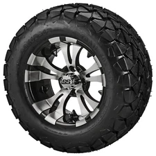 (4) Golf Cart 22x10-12 Trail Fox A/T Tires on 12x7 Black/Machined Vampire Wheels