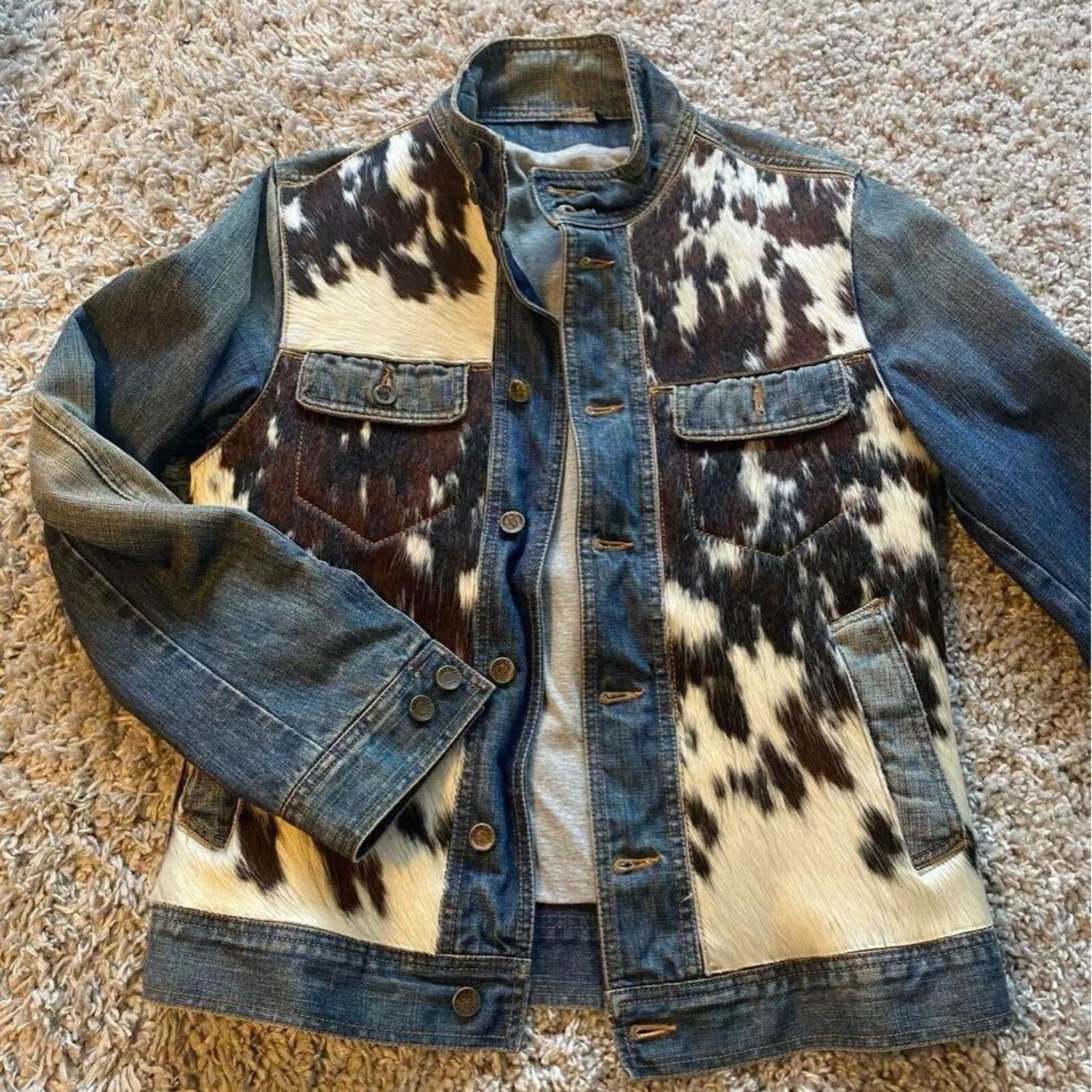 Chaqueta de pelo de pony de cuero de vaca occidental para hombre con mezclilla - estilo vaquero de cuero con pelo