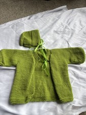 Vintage Handmade Green Baby Infant Sweater Cardigan With Bonnet