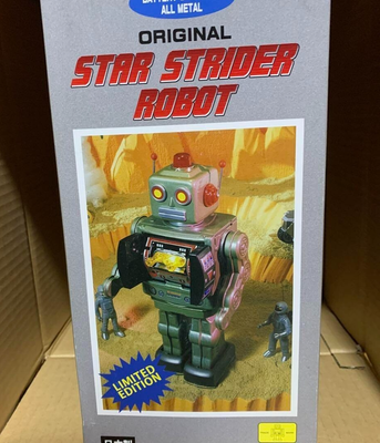 Metal House Star Strider Robot Tin Toy Red Figure vintage Used