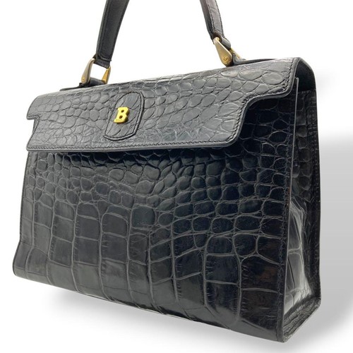 BALLY Handbag Crocodile Pattern Leather Black B Logo 21a