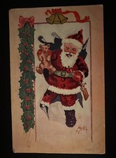 A/s Beaty SANTA CLAUS with Teddy Bear~Holly~1907 Vintage Christmas Postcard~k552