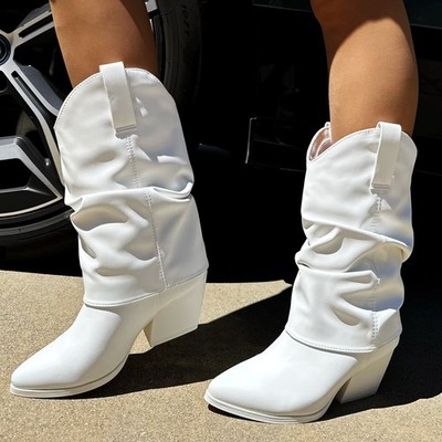New Women's Slouchy Fold-Over Cowboy Cowgirl Western Boot Mid Calf Block Heel