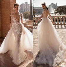 Mermaid Backless Beach Wedding Dresses V Neck Overskirt Boho Bridal Gowns Tulle