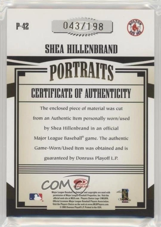 2005 Donruss Prime Patches Portraits Jumbo Jerseys /198 Shea Hillenbrand #P-42 - Image 2 of 2