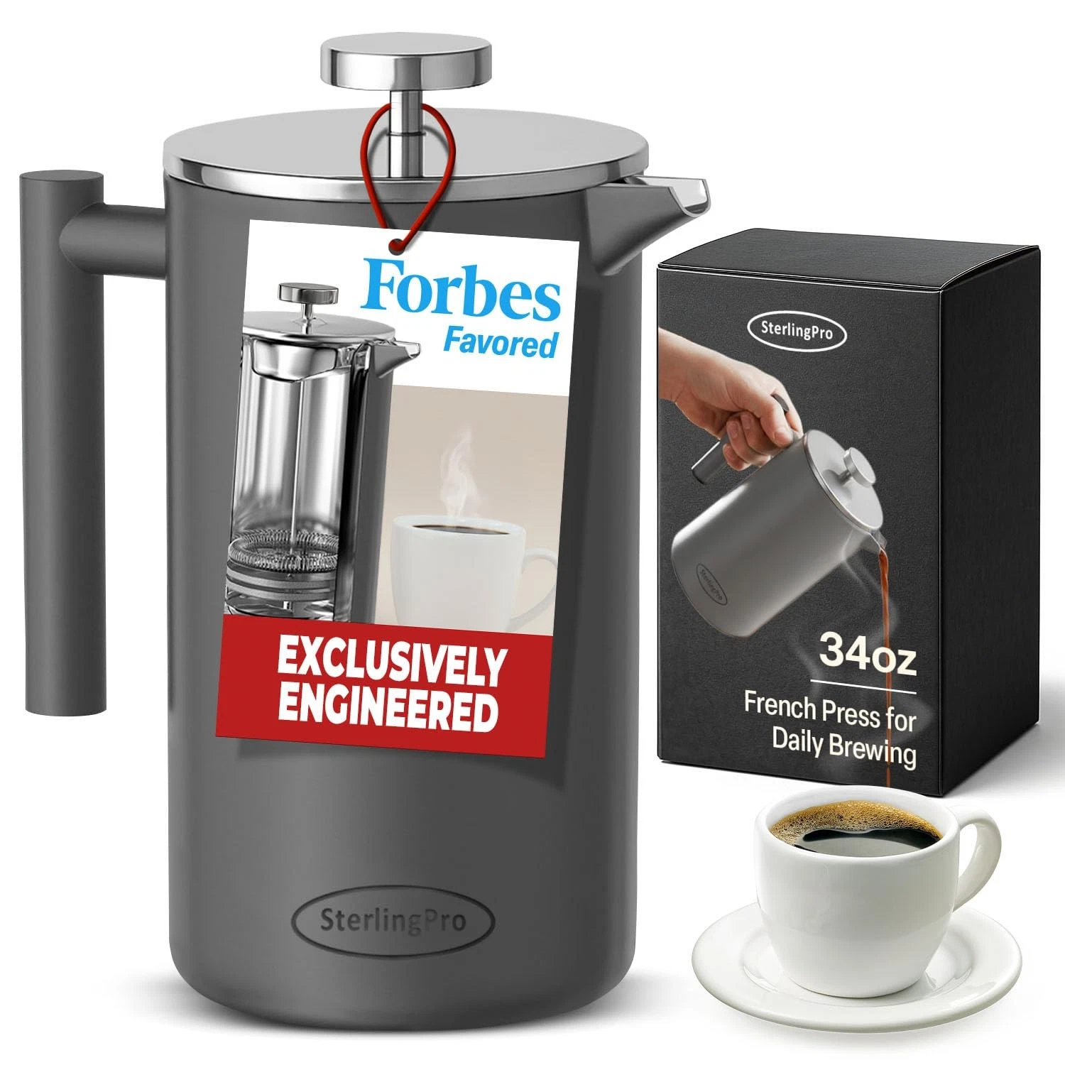 Stainless Steel French Press Coffee Maker 1 L (34 oz) Grey – Double Walled In...