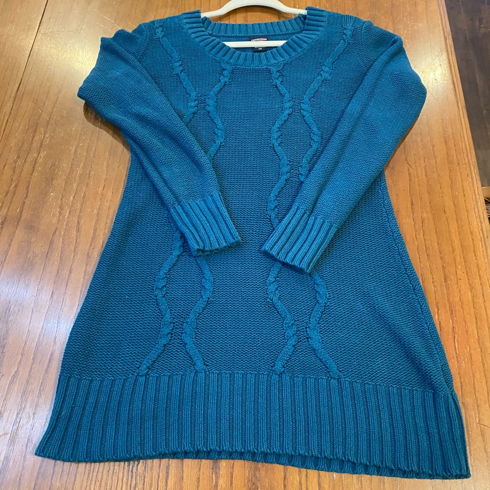 Vestido suéter tejido con cable para mujer verde azulado mezcla de algodón cuello redondo manga larga acanalado M Foto 3 de 4