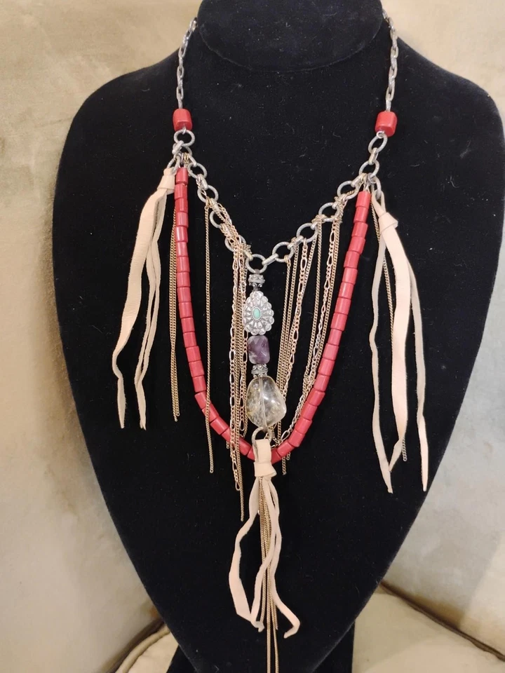 Collar Lucky Brand Rojo Plata Coral Cuero Cuentas Suroeste Multi Cadena Capas Foto 2 de 4
