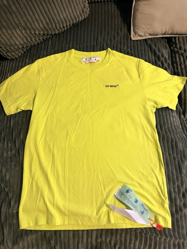 Off-White Men's Yellow Graphic Logo Crew Neck Cotton Jersey T-Shirt L Slim Fit