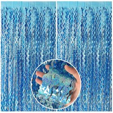 Tinsel Foil Fringe Curtains Wavy Backdrop for Parties 2 Pack, Light Blue