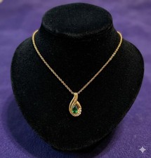 Gold Tone Necklace with Simulated Emerald and Diamonds Pendant 18 inches 