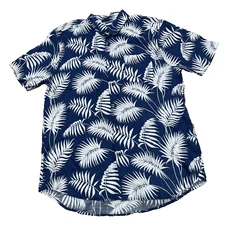 SAKS Fifth Avenue 100% Linen Shirt Men XL Blue White Hawaiian Floral Leaves 48"