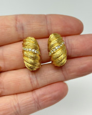 Vintage Christian Dior Rhinestone Textured Gold Earrings Half Hoop Clip On