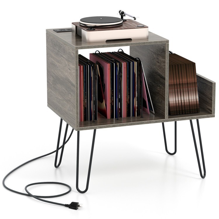 Record Player Stand Heavy Duty Metal Legs W/Power Outlet & Storage Divider Shelf