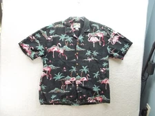 Paradise Found Mens Black Pink Flamingos Button Up Shirt Short Sleeve Size XL