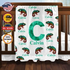Personalized Chameleon Baby Boy Blanket, Chameleon Custom Initial & Name Blanket