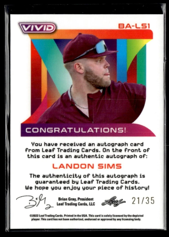 2022 Leaf Vivid Red #BA-LS1 Landon Sims 21/35  BB01R02A - Image 2 of 2
