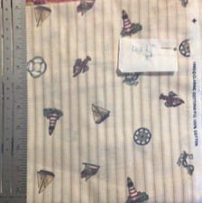 Nautical Sailboat Lighthouse Lobster on Ticking Stripes Cotton Fabric 68 by 44