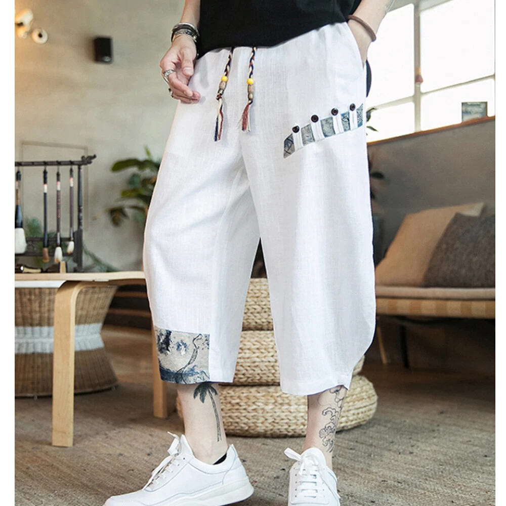 Mens Cotton Linen Capri Pants Summer Loose Ethnic Trousers Pocket