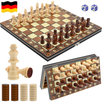 3in1-Schachspiel Schach handgeschnitzt Schachbrett Holz Chess Board klappbar