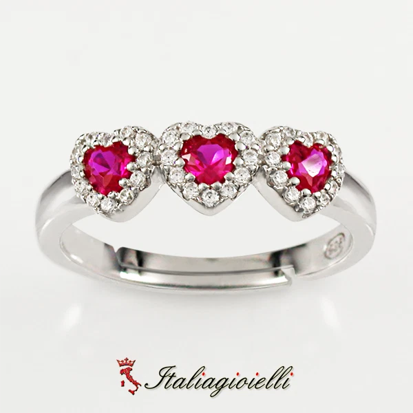 Splendido Anello Trilogy Cuori Rubino in Argento 925 Rodiato Oro Bianco - Immagine 3 di 3