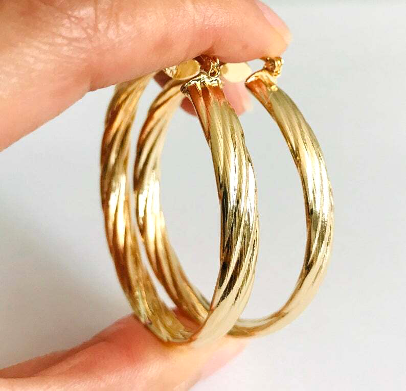 14K Yellow Gold Plated Twisted Hoop Earrings 6mm x 45mm ER170
