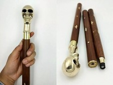 Brass Skull Handle Inlaid Wooden Walking Stick Cane 36" Grandma/Grandpa/X-mas