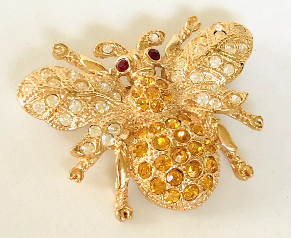 Vintage Roman Gold Tone Metal Bumble Bee Pin Brooch with Rhinestones