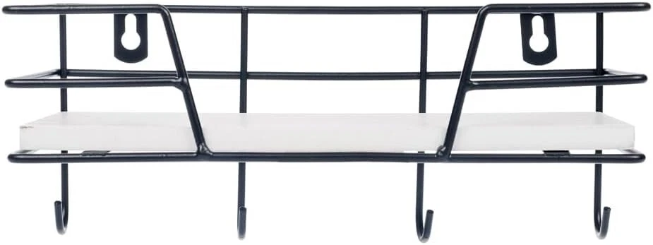 Wood Black Metal Wall Shelf with 4 Hooks - Decorative Wall Mounted Hanging Shelf
