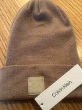 New CALVIN KLEIN Women's CK Logo Cuffed Knit Beanie / OS / Cafe-Beige / MSRP 48