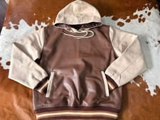 Men  s Brown Leather Hoodie Pullover Varsity Style Jacket Tan Sleeves Streetwear