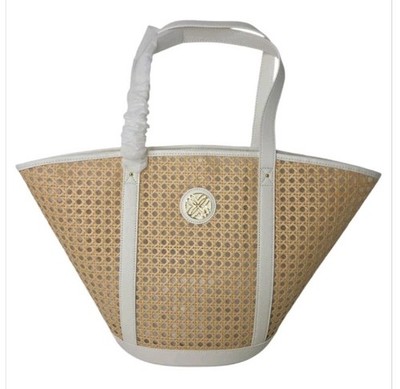Lilly Pulitzer Wintour Cane Large Tote Sand Bar X Resort White NEW