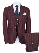 Men's Stripe Suit One Button Jacket Vest Pants Business Striped Groom Suit