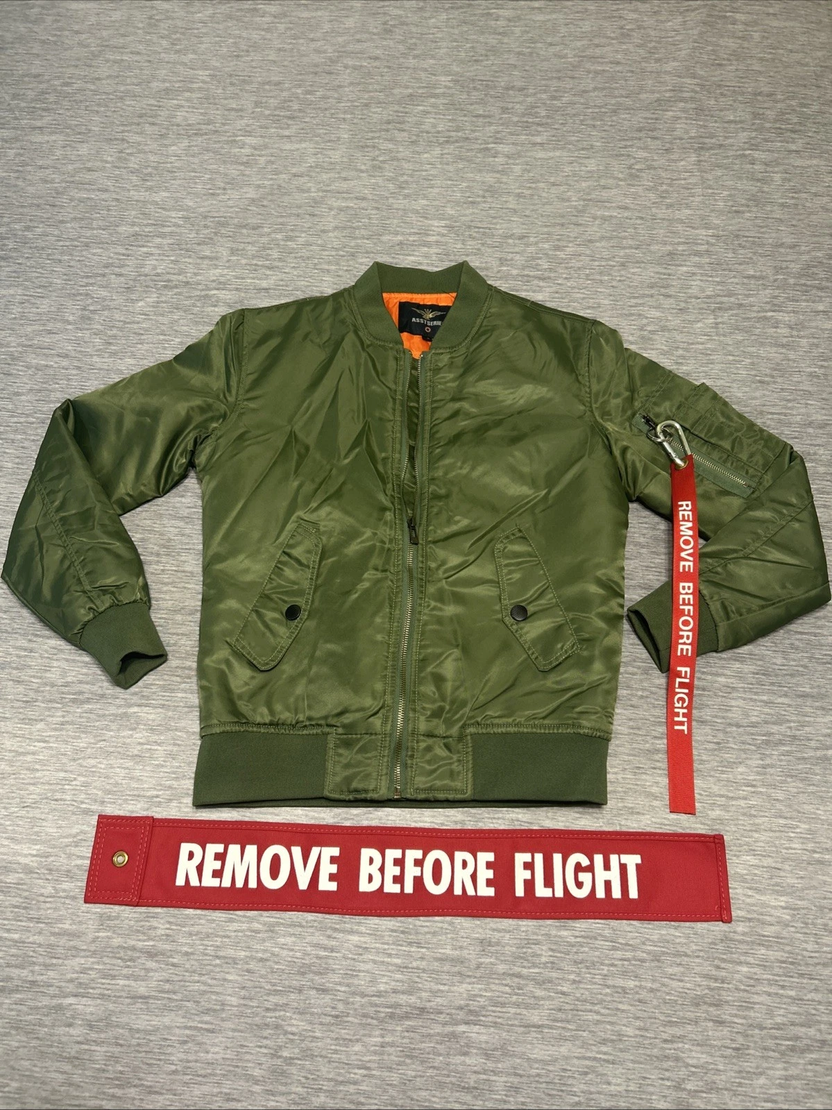 Asstseries Militare Green Bomber Jacket Size S “Remove Before Flight Tag” image 1
