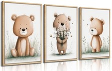 3Pcs Cute Bear Nursery Wall Art Cute Animals Flower Painting Picture Wall Dec...