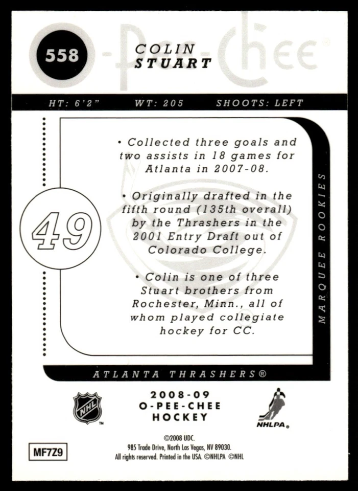 2008-09 O-Pee-Chee Gold Colin Stuart Rookie Atlanta Thrashers #558 - Image 2 of 2