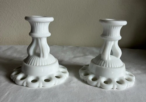 Vintage Westmoreland Milk Glass Doric Lace Candle Stick Holder White Set of 2