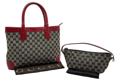AUTH Gucci GG Canvas Leather Black Red Accessory Pouch/Tote Bag 
