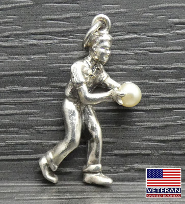 * Vintage Sterlingsilber detailliert 3D einzigartig männlich Bowling Ball Bowler Anhänger