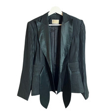 ALBERTO MAKALI Vintage Striped Blazer Jacket XS-S Black Satin Lapel Belt Dressy